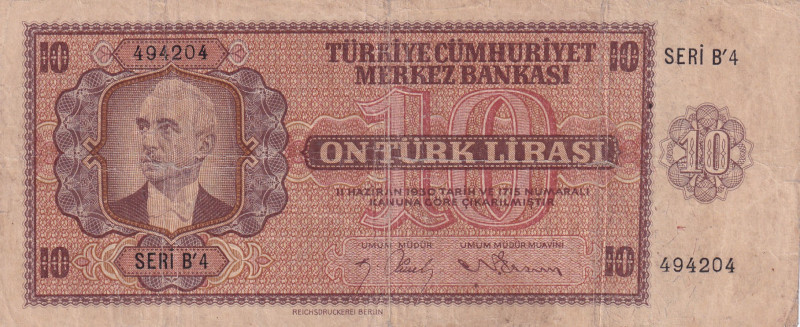 Turkey, 10 Lira, 1942, FINE, p141, 3.Emission
There are openings.
Estimate: US...