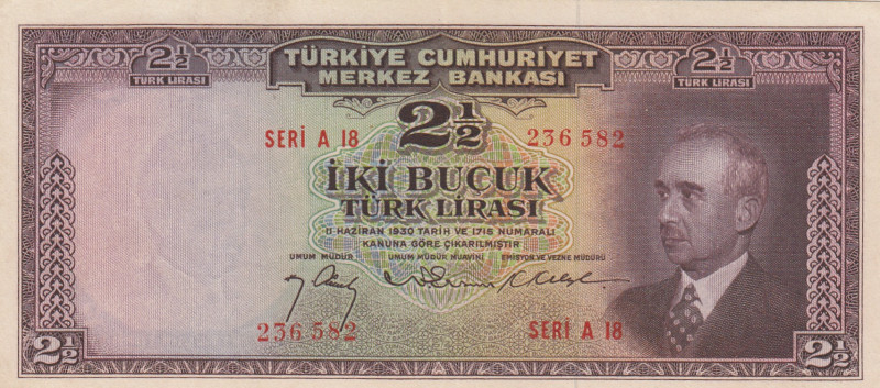 Turkey, 2 1/2 Lira, 1947, XF, p140, 3.Emission
Natural
Estimate: USD 150-300