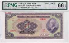 Turkey, 50 Lira, 1930, UNC, p142s, SPECIMEN
PMG 66 EPQ, Central Bank
Estimate: USD 600-1200