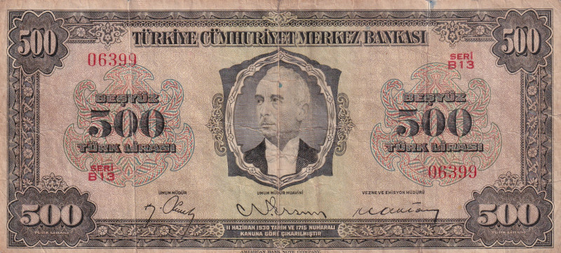 Turkey, 500 Lira, 1946, VF(-), p145, 3.Emission
There are openings, There is a ...