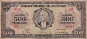 Turkey, 500 Lira, 1946, VF(-), p145, 3.Emission
There are openings, There is a rupture level rupture in the lower and upper middle part. Natural
Est...