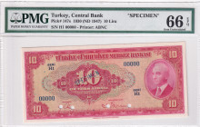 Turkey, 10 Lira, 1930, UNC, p147s, 4.Emission, SPECIMEN
 PMG 66 EPQ
Estimate: USD 750-1500