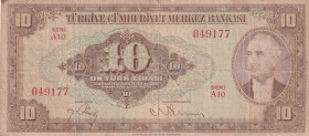 Turkey, 10 Lira, 1948, VF(-), p148, 4.Emission
The border has opening
Estimate: USD 75-150