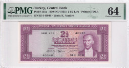 Turkey, 2 1/2 Lira, 1955, UNC, p151a, 5.Emission
PMG 64, the rarest letter in order
Estimate: USD 900-1.800