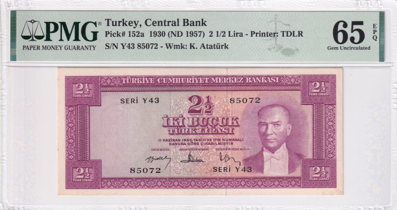 Turkey, 2 1/2 Lira, 1957, UNC, p152a, 5.Emission
PMG 65 EPQ
Estimate: USD 750-...