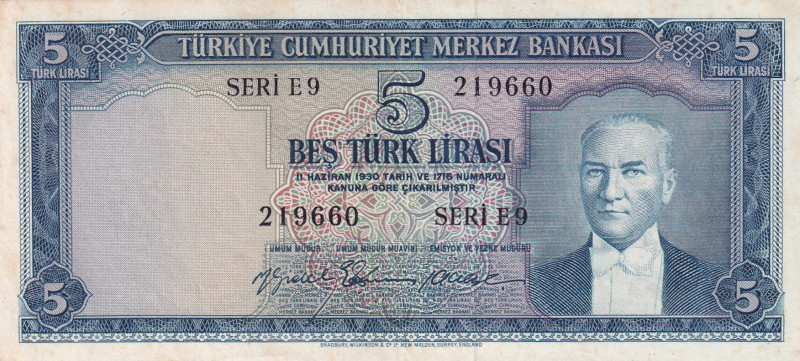 Turkey, 5 Lira, 1959, AUNC, p155, 5.Emission
Slightly stained
Estimate: USD 15...