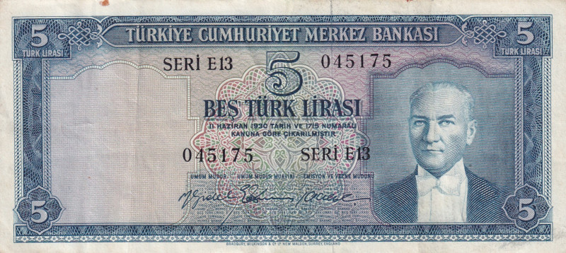 Turkey, 5 Lira, 1959, VF(+), p155, 5.Emission
There is light spotting on the bo...