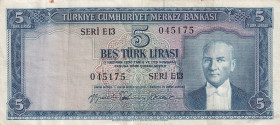 Turkey, 5 Lira, 1959, VF(+), p155, 5.Emission
There is light spotting on the border.
Estimate: USD 50-100