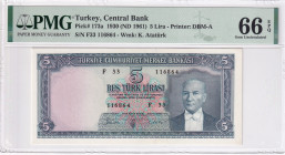 Turkey, 5 Lira, 1961, UNC, p173a, 5.Emission
PMG 66 EPQ
Estimate: USD 1.000-2.000
