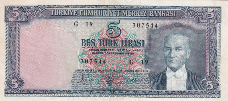 Turkey, 5 Lira, 1961, AUNC, p173a, 5.Emission
Estimate: USD 75-150