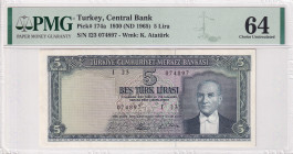 Turkey, 5 Lira, 1965, UNC, p174a, 5.Emission
PMG 64
Estimate: USD 150-300