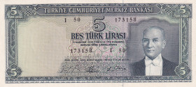 Turkey, 5 Lira, 1965, AUNC, p174a, 5.Emission
Estimate: USD 75-150