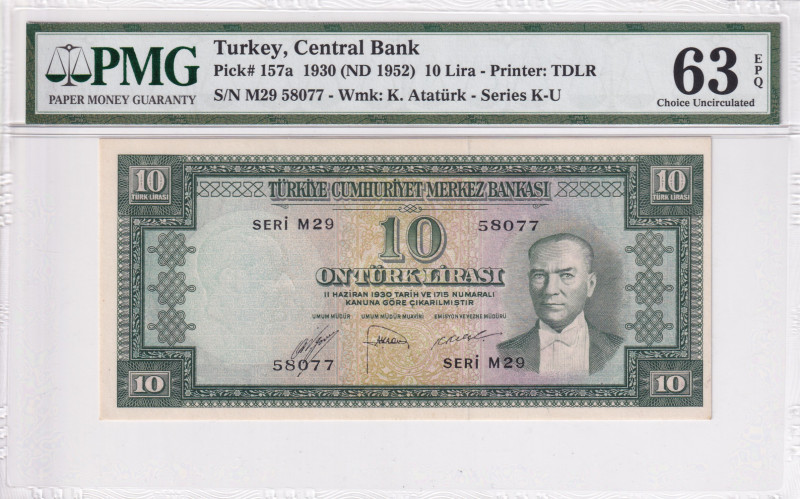 Turkey, 10 Lira, 1953, UNC, p157a, 5.Emission
PMG 63 EPQ, .
Estimate: USD 1.00...