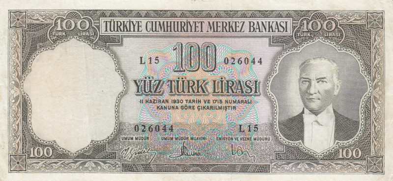 Turkey, 100 Lira, 1958, VF, p169, 5.Emission
Pressed
Estimate: USD 50-100