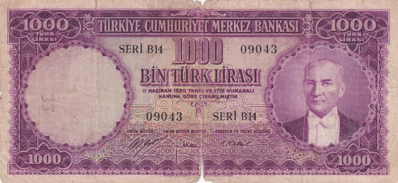 Turkey, 1.000 Lira, 1953, FINE, p172, 5.Emission
Purple Thousand
Estimate: USD...