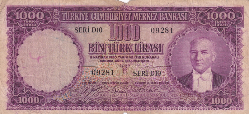 Turkey, 1.000 Lira, 1953, FINE, p172, 5.Emission
There are ballpoint pen stains...