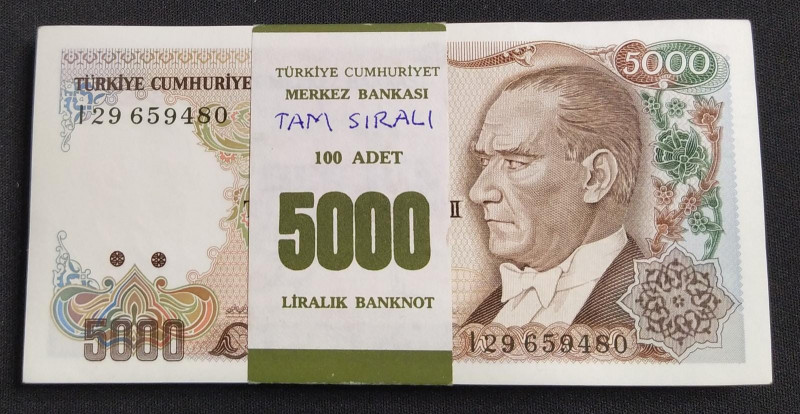 Turkey, 5.000 Lira, 1990, UNC, p198, 7.Emission
BUNDLE, (Total 100 banknotes)
...