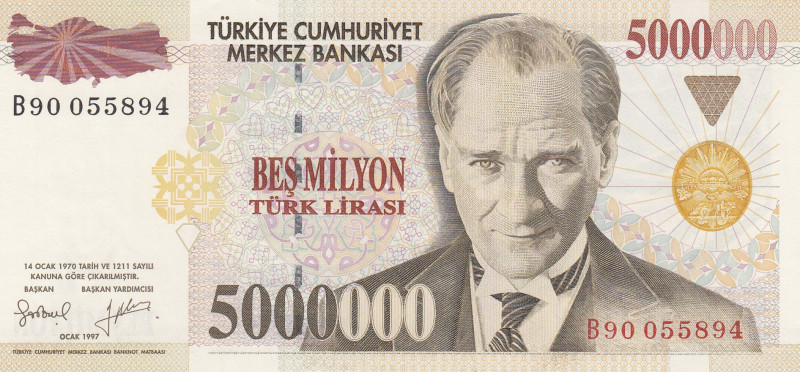 Turkey, 5.000.000 Lira, 1997, UNC, p210a, 7.Emission
Last Prefix
Estimate: USD...