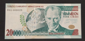 Turkey, 20.000.000 Lira, 2001, UNC, p215, 7.Emission
"B01" prefix, Top 100 Serial Numbers
Estimate: USD 250-500