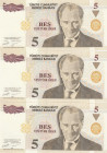 Turkey, 5 New Lira, 2005, UNC, p217, 8.Emission
Nice serial numbers, (Total 3 banknotes)
Estimate: USD 40-80