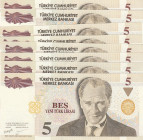 Turkey, 5 New Lira, 2005, UNC, p217, 8.Emission
(Total 8 banknotes), Nice serial numbers
Estimate: USD 50-100