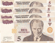 Turkey, 5 New Lira, 2005, UNC, p217, 8.Emission
Twin serial number, (Total 4 banknotes)
Estimate: USD 25-50