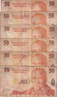 Turkey, 50 New Lira, 2005, p220, 8. Emisyon
(Total 6 banknotes), In different condition between FINE and VF
Estimate: USD 20-40