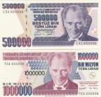 Turkey, 500.000-1.000.000 Lira, 1997/2002, UNC, p212, p213, 7.Emission
Twin serial number, (Total 2 banknotes)
Estimate: USD 40-80