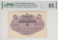 Turkey, Ottoman Empire, 20 Piastres, 1916, UNC, p80, Talat / Hüseyin Cahid
V. Mehmed Reşad Period, AH: 22 December 1331, sign: Talat / Hüseyin Cahid,...