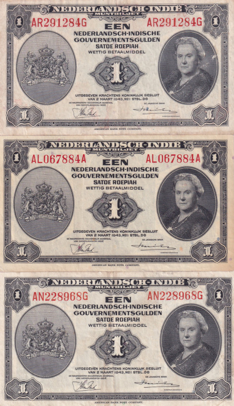 Netherlands Indies, 1 Gulden, 1943, p111a, (Total 3 banknotes)
VF(+); AUNC; XF...