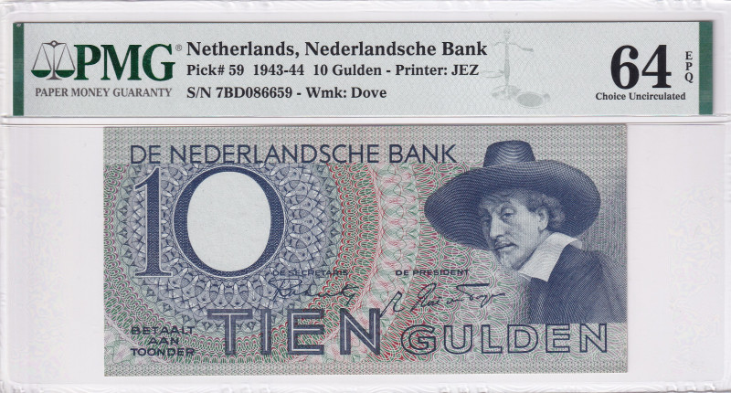 Netherlands, 10 Gulden, 1943/1944, UNC, p59
PMG 64 EPQ, Netherlandsche Bank 
E...