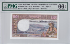 New Hebrides, 100 Francs, 1977, UNC, p18d
PMG 66 EPQ
Estimate: USD 60-120