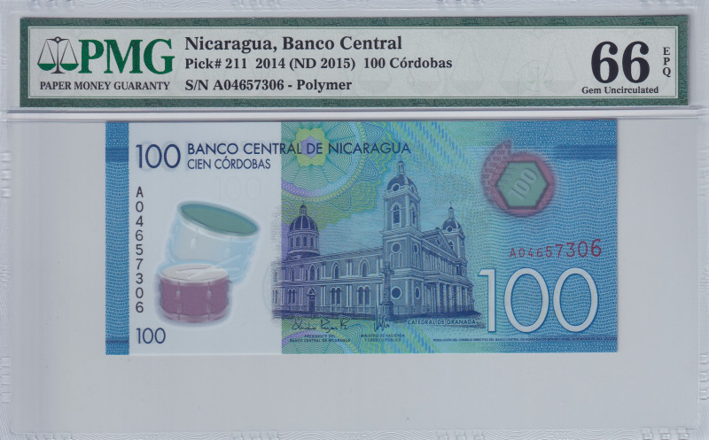 Nicaragua, 100 Cordobas, 2014, UNC, p211
PMG 66 EPQ, Polymer plastics banknote...