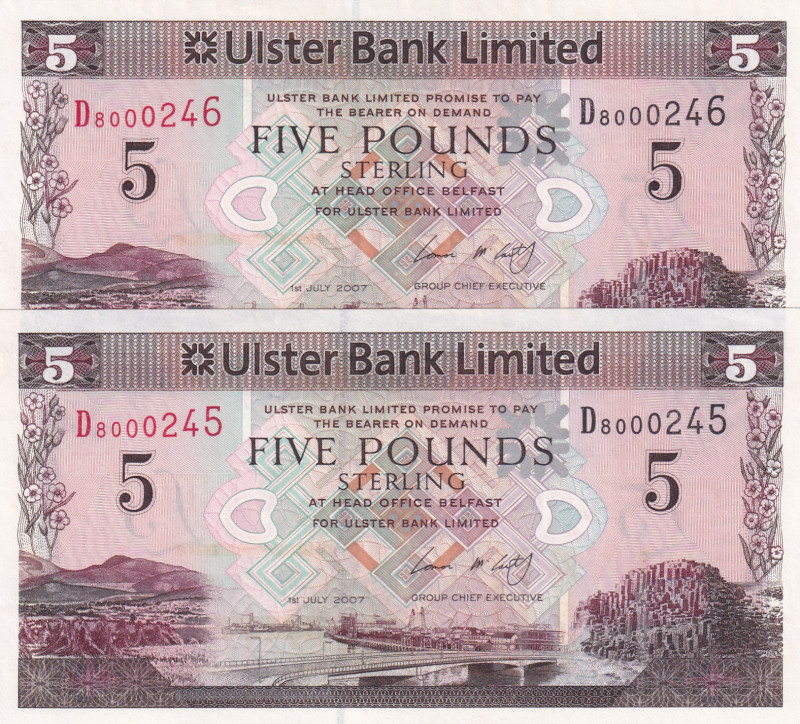 Northern Ireland, 5 Pounds, 2007, UNC, p340a, (Total 2 consecutive banknotes)
E...