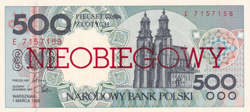 Poland, 500 Zlotych, 1990, UNC, p172a
Cancelled note with overprint "NIEOBIEGOW...