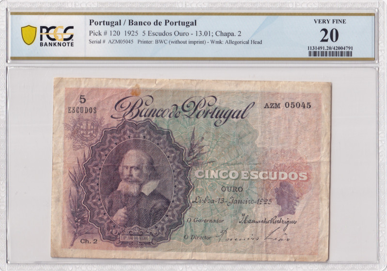 Portugal, 5 Escudos, 1925, VF, p120
PCGS 20, Banco de Portugal
Estimate: USD 2...