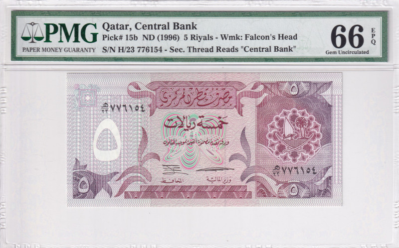 Qatar, 5 Riyals, 1996, UNC, p15b
PMG 66 EPQ
Estimate: USD 75-150