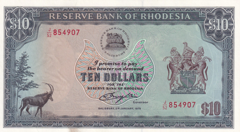 Rhodesia, 10 Dollars, 1979, UNC, p41a
There is a count mark in the lower left c...