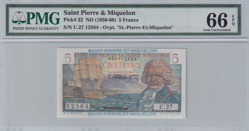 Saint Pierre & Miquelon, 5 Francs, 1950/1960, UNC, p22
PMG 66 EPQ
Estimate: US...