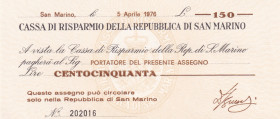 San Marino, 150 Lire, 1976, UNC, pS101
Bearers Check issued during a period of coin shortage in Italy
Estimate: USD 25-50