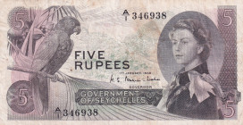 Seychelles, 5 Rupees, 1968, VF, p14a
Queen Elizabeth II. Potrait, Stained
Estimate: USD 40-80