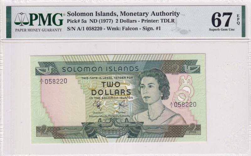 Solomon Islands, 2 Dollars, 1977, UNC, p5a
PMG 67 EPQ, High condition 
Estimat...