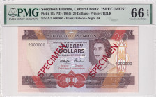 Solomon Islands, 20 Dollars, 1984, UNC, p12s, SPECIMEN
PMG 66 EPQ, Queen Elizabeth II. Potrait, Central Bank
Estimate: USD 100-200