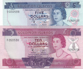 Solomon Islands, 5-10 Dollars, 1977, UNC, p6; p7, (Total 2 banknotes)
With the same serial number, Queen Elizabeth II. Potrait
Estimate: USD 150-300