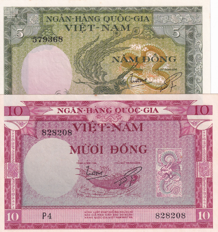 South Viet Nam, 5-10 Döng, 1955, UNC, p2; p3, (Total 2 banknotes)
Stained
Esti...
