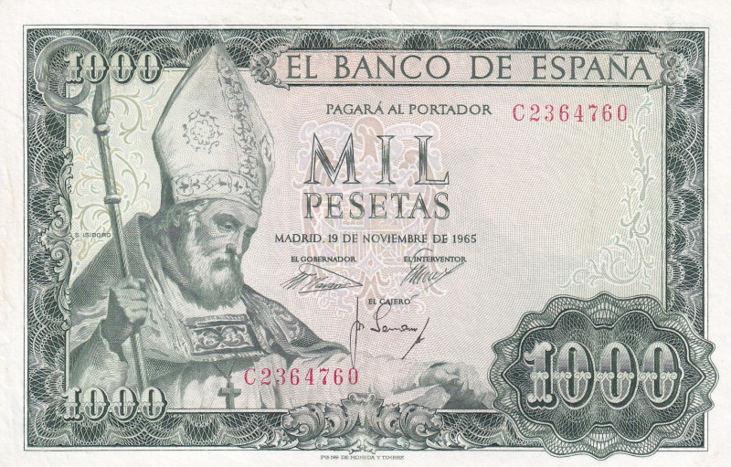 Spain, 1.000 Pesetas, 1965, XF, p151
Small tear on top border
Estimate: USD 15...