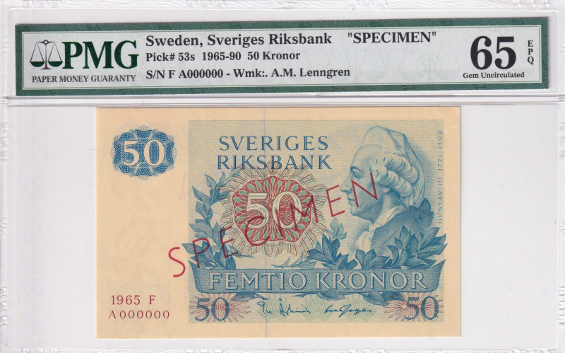 Sweden, 50 Kronen, 1965, UNC, p53s, SPECIMEN
PMG 65 EPQ, Sveriges Riksbank[
Es...