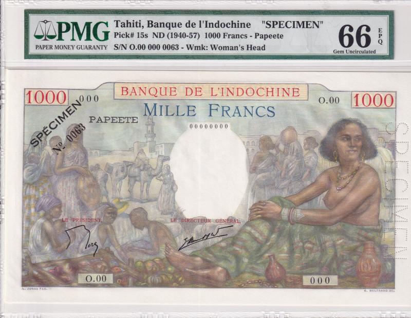 Tahiti, 1.000 Francs, 1940-57, UNC, p15s, SPECIMEN
PMG 66 EPQ, Banque De L `Ind...