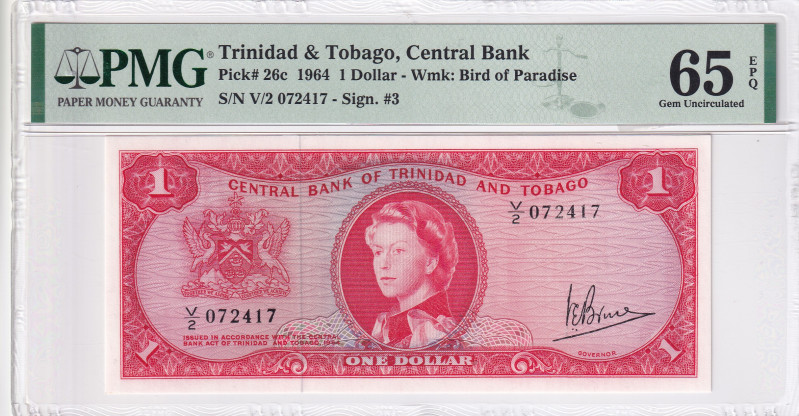 Trinidad & Tobago, 1 Dollar, 1964, UNC, p26c
PMG 65 EPQ, Queen Elizabeth II. Po...