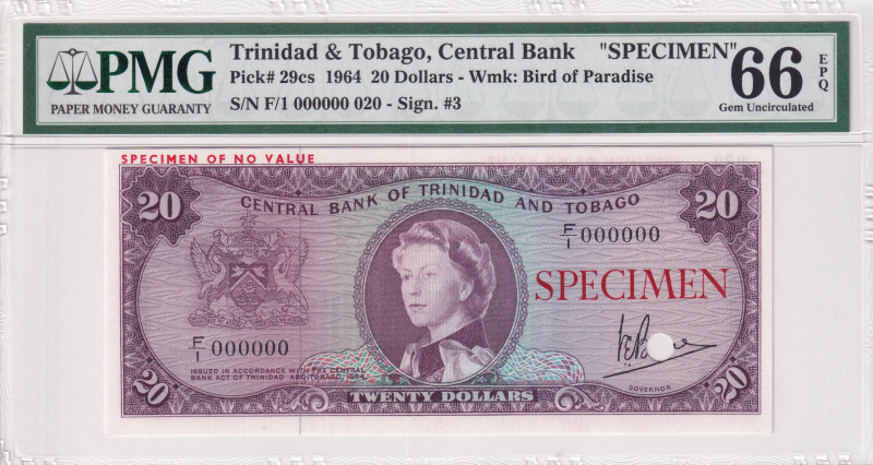 Trinidad & Tobago, 20 Dollars, 1964, UNC, p29cs, SPECIMEN
PMG 66 EPQ, Queen Eli...